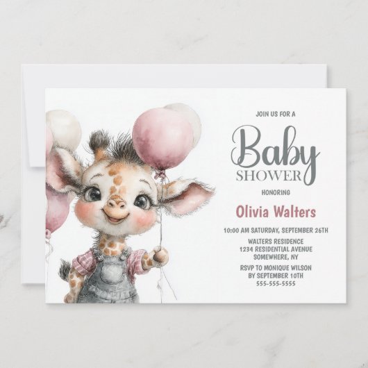 Girl Giraffe Baby Shower Invitation 招待状 (正面)