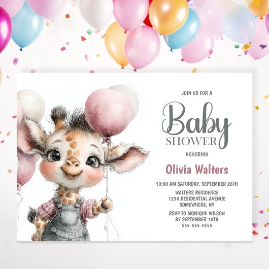 Girl Giraffe Baby Shower Invitation 招待状