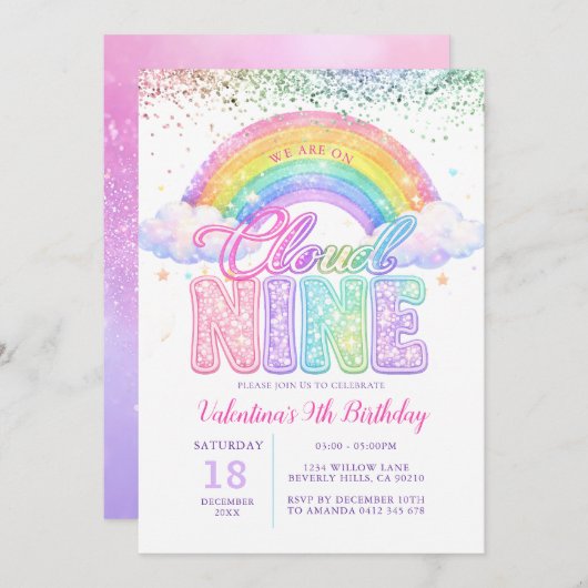 Girl Glitter Rainbow Pastel Cloud Nine Birthday 招待状 (正面/裏面)