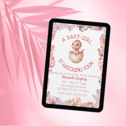Girl Hatching Soon, Pink Dino Baby Shower 招待状