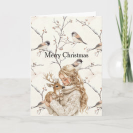 Girl Holding Deer Birds Tree Cream Christmas  カード