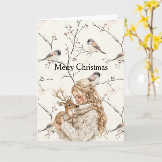 Girl Holding Deer Birds Tree Cream Christmas カード (黄色い花)