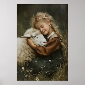 Girl Hugs A Sheep Print, Whimsical Farm Nursery ポスター