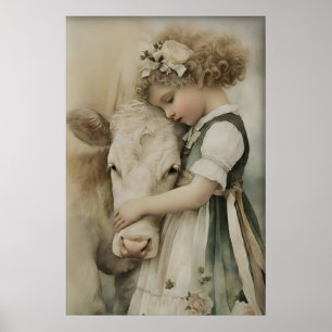 Girl Hugs Cow アンティークプリント サージブルー ラスティック ポスター