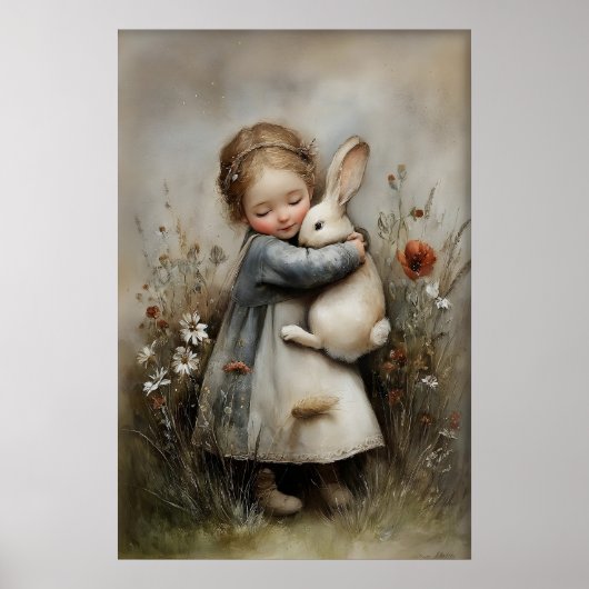 Girl Hugs Rabbit Printable, Bunny Rustic ポスター (正面)