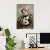 Girl Hugs Rabbit Printable, Bunny Rustic ポスター (ホームオフィス)