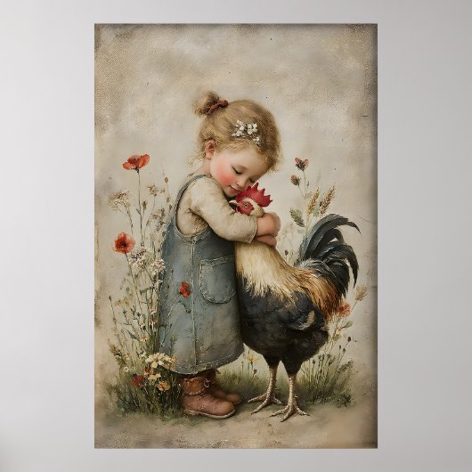 Girl Hugs Rooster Printable, Rustic Chicken ポスター (正面)