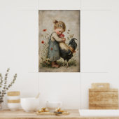 Girl Hugs Rooster Printable, Rustic Chicken ポスター (キッチン)