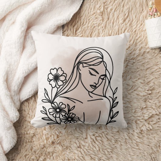 Girl Illustration Pillow – Modern Artistic Accent クッション (ブランケット)
