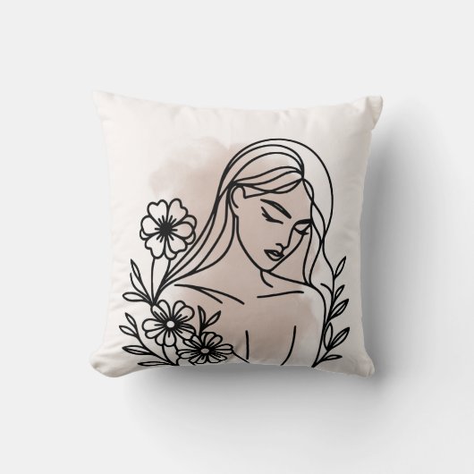 Girl Illustration Pillow – Modern Artistic Accent クッション (正面)