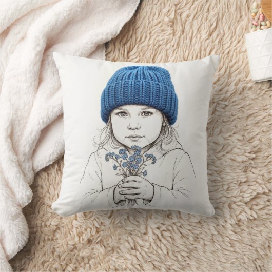 Girl In a Blue Knit Hat クッション (ブランケット)