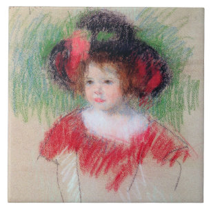 Girl in Big Bonnett and Red Dress, Mary Cassatt タイル