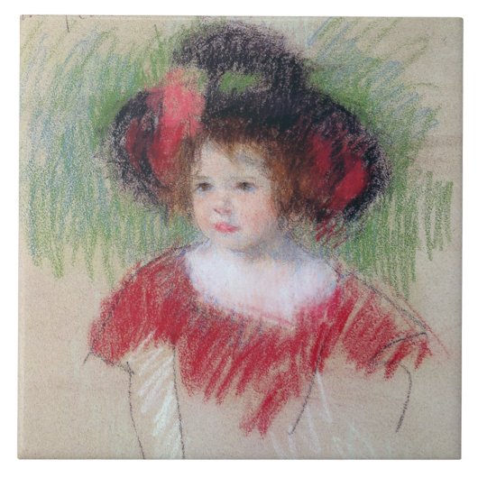 Girl in Big Bonnett and Red Dress, Mary Cassatt タイル (正面)