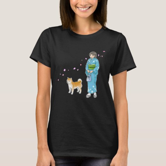 Girl In Kimono & A Shiba Inu Enjoying A Breath Of Tシャツ (正面)