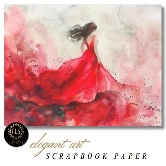 Girl in Red Dress Watercolor Art Scrapbook Paper