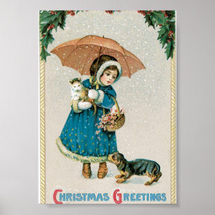 Girl in the Snow on Christmas with Cat and Dog ポスター