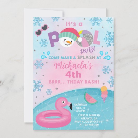 Girl indoor winter pool party birthday invitation. 招待状 (正面)
