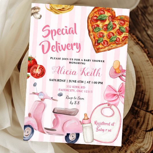 Girl italian baby shower pizza special delivery 招待状
