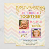 Girl Joint Siblings Birthday Party Photo 招待状 (正面/裏面)