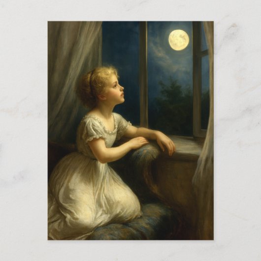 Girl Looking At A Full Moon Through Window ポストカード (正面)