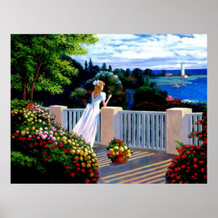 Girl looking out over the Mediterranean Sea Poster ポスター
