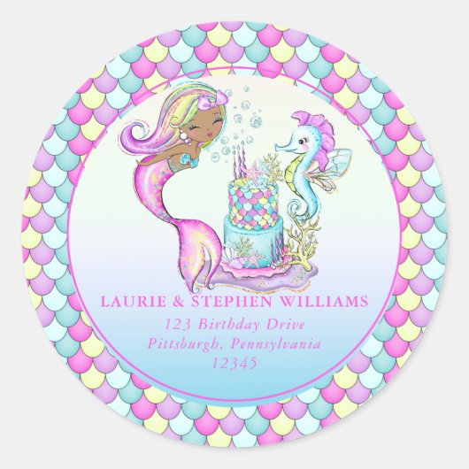 Girl Mermaid of Color 1st Birthday差出人住所 ラウンドシール (正面)