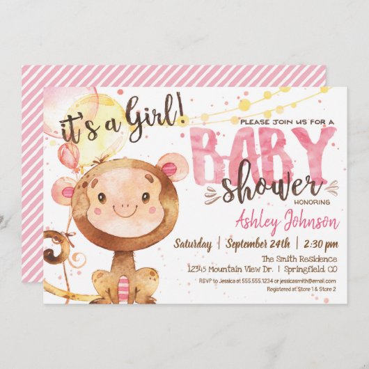 Girl Monkey Baby Showerへの招待 招待状 (正面/裏面)
