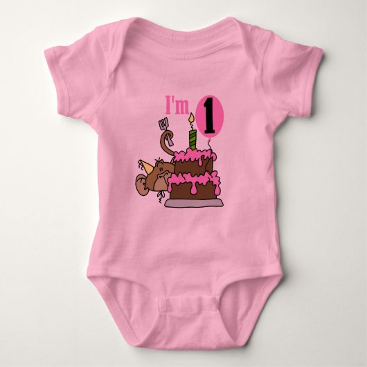 Girl Monkey I'm One誕生日Tシャツ ベビーボディスーツ (正面)