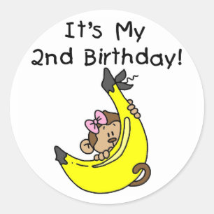 Girl Monkey on Banana 2nd誕生日Tシャツ ラウンドシール