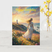 Girl on a Cliff Birthday Card カード (黄色い花)