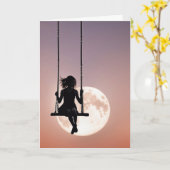 Girl On a Swing Silhouette On a Moon For Birthday カード (黄色い花)