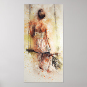 Girl on a Swing Water color Decompageプリント ポスター