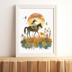 Girl on Horse Sunset パーソナライズされた Name ポスター