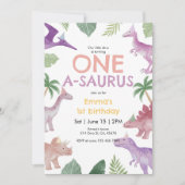 Girl One A Saurus Dinosaur 1st Birthday Invitation 招待状 (正面)