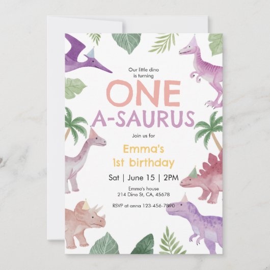 Girl One A Saurus Dinosaur 1st Birthday Invitation 招待状 (正面)