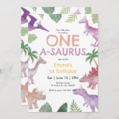 Girl One A Saurus Dinosaur 1st Birthday Invitation 招待状 (正面/裏面)