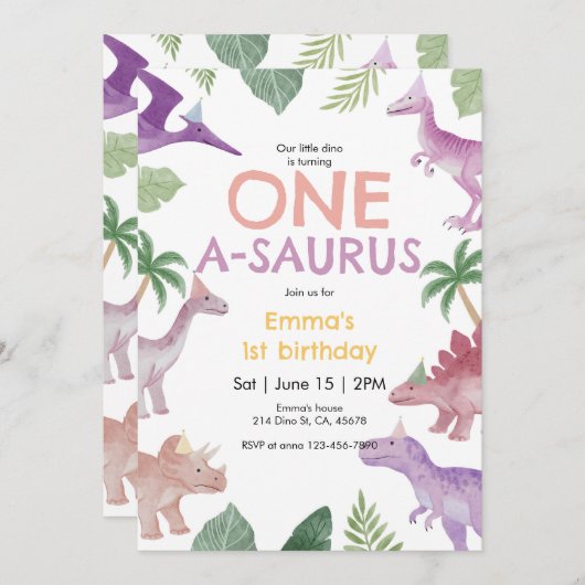 Girl One A Saurus Dinosaur 1st Birthday Invitation 招待状 (正面/裏面)