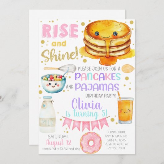 Girl pancakes and pajama birthday party invite. 招待状 (正面/裏面)