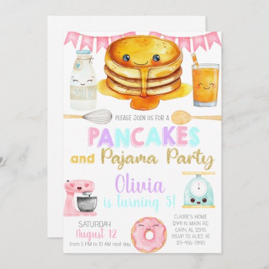 Girl pancakes and pajama birthday party invite. 招待状 (正面/裏面)