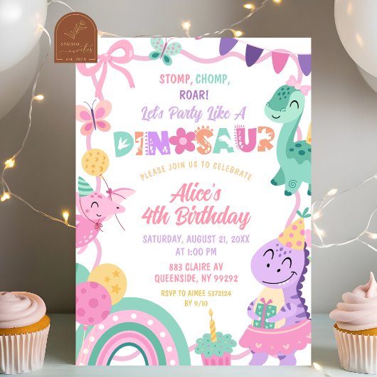 Girl Pastel Party like a Dinosaur Birthday 招待状