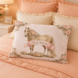 Girl Peach Floral Horse Rose モノグラム 名前 アクセントクッション