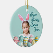 Girl Photo Bunny Ears Cute Blue  セラミックオーナメント (右)