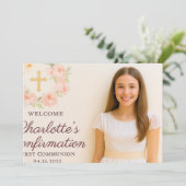 Girl photo cream beige bow cross Confirmation サンキューカード (スタンド正面)