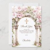 Girl photo First Communion pink floral arch サンキューカード (正面)