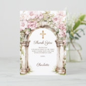 Girl photo First Communion pink floral arch サンキューカード (スタンド正面)
