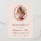Girl Photo in Floral Frame Pink First Birthday  箔招待状 (正面)