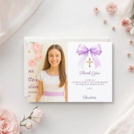 Girl photo lavender bow Confirmation サンキューカード