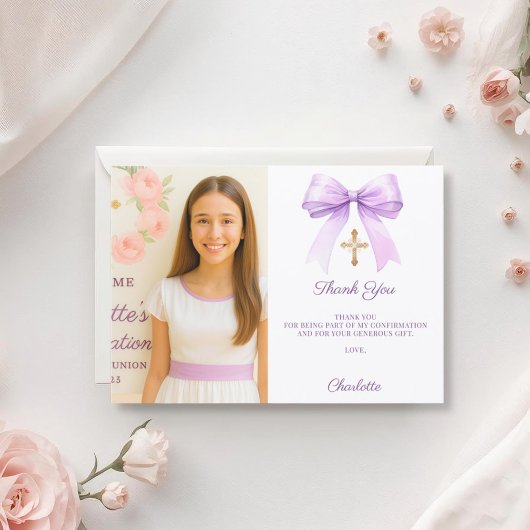 Girl photo lavender bow Confirmation サンキューカード