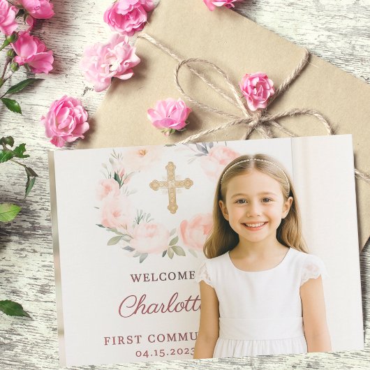 Girl photo pink bow cross First Communion サンキューカード