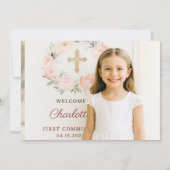Girl photo pink bow cross First Communion サンキューカード (正面)